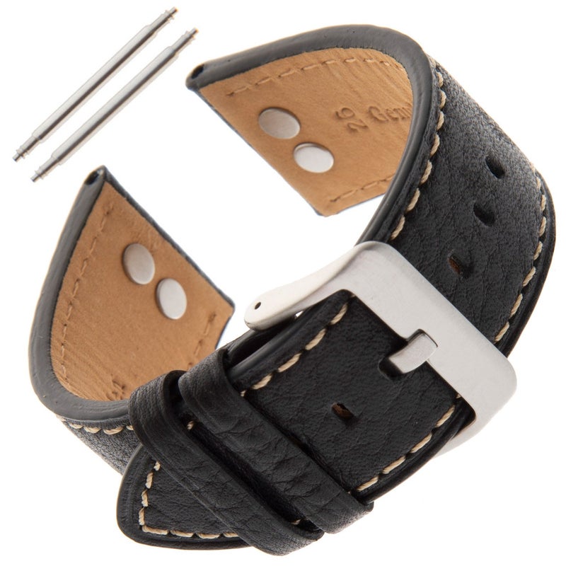 Gilden 22-26mm Men's Industrial-Style Flat Stitched Black Calfskin Watch Band SLS61-0124 (24 millimeter end width, Black) - Image 1